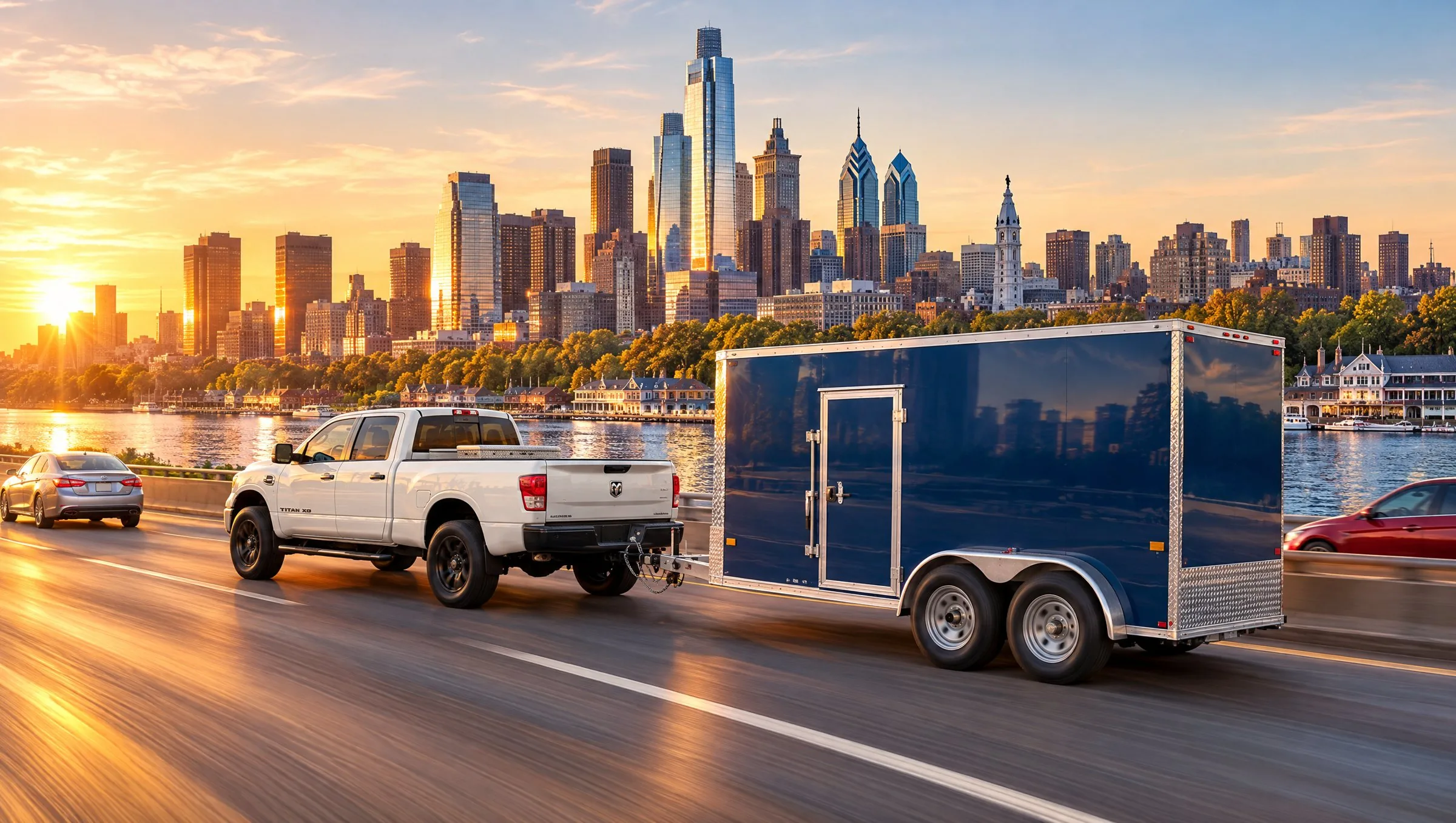 Pickup towing a Flex trailer along the river with the Philadelphia skyline at sunset
