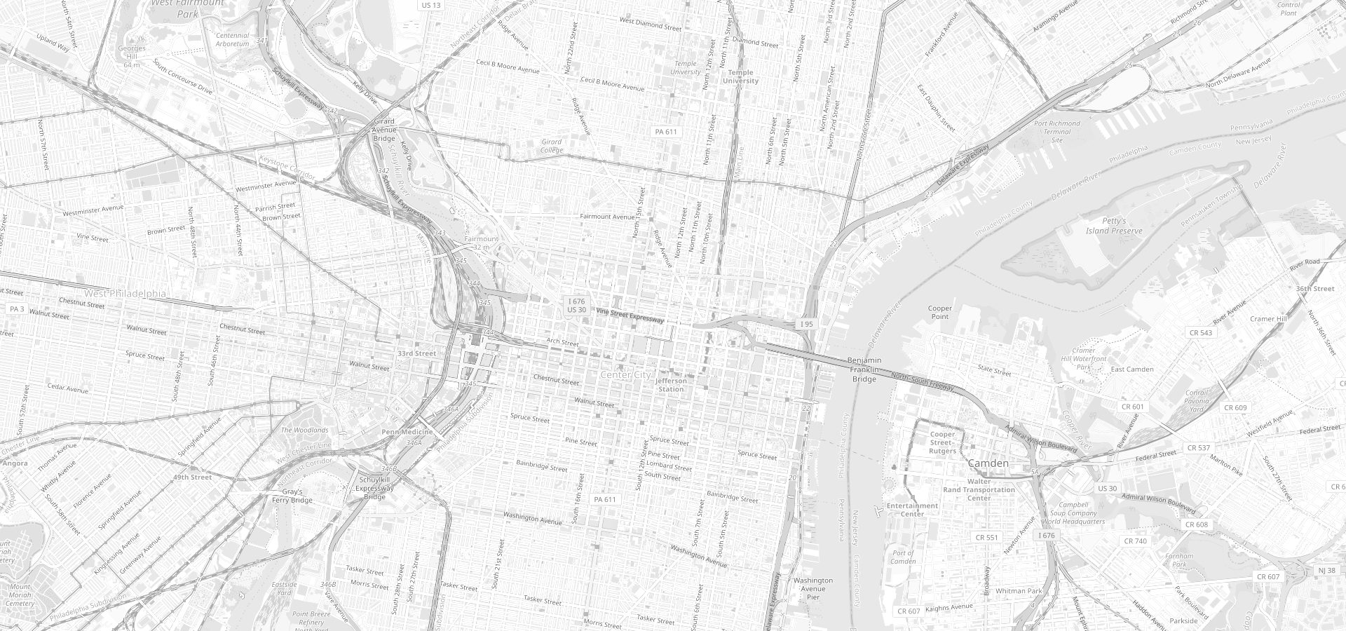 Greyscale map of Center City Philadelphia with our favorite spots marked