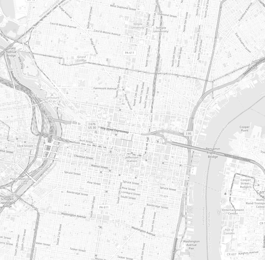 Greyscale map of Center City Philadelphia with our favorite spots marked