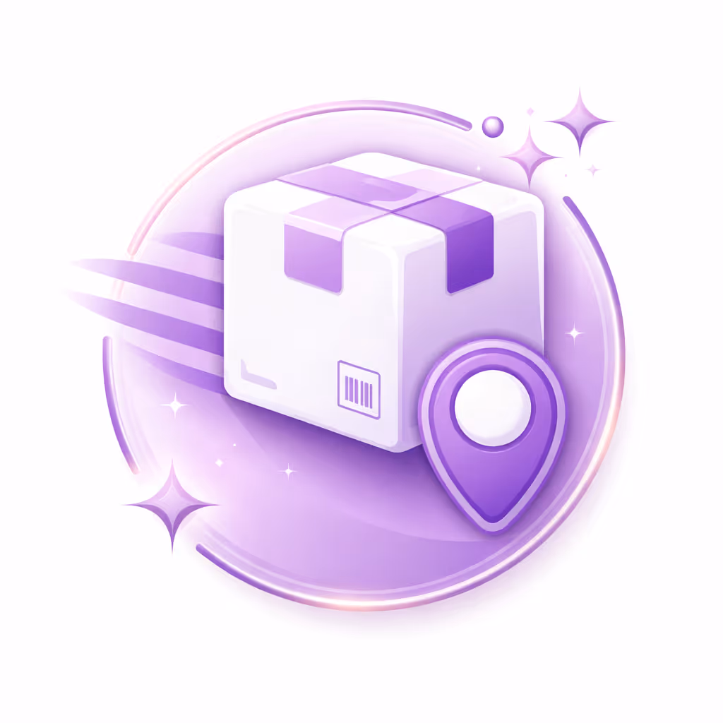 Purple Icon representing shipping with a box and a pin