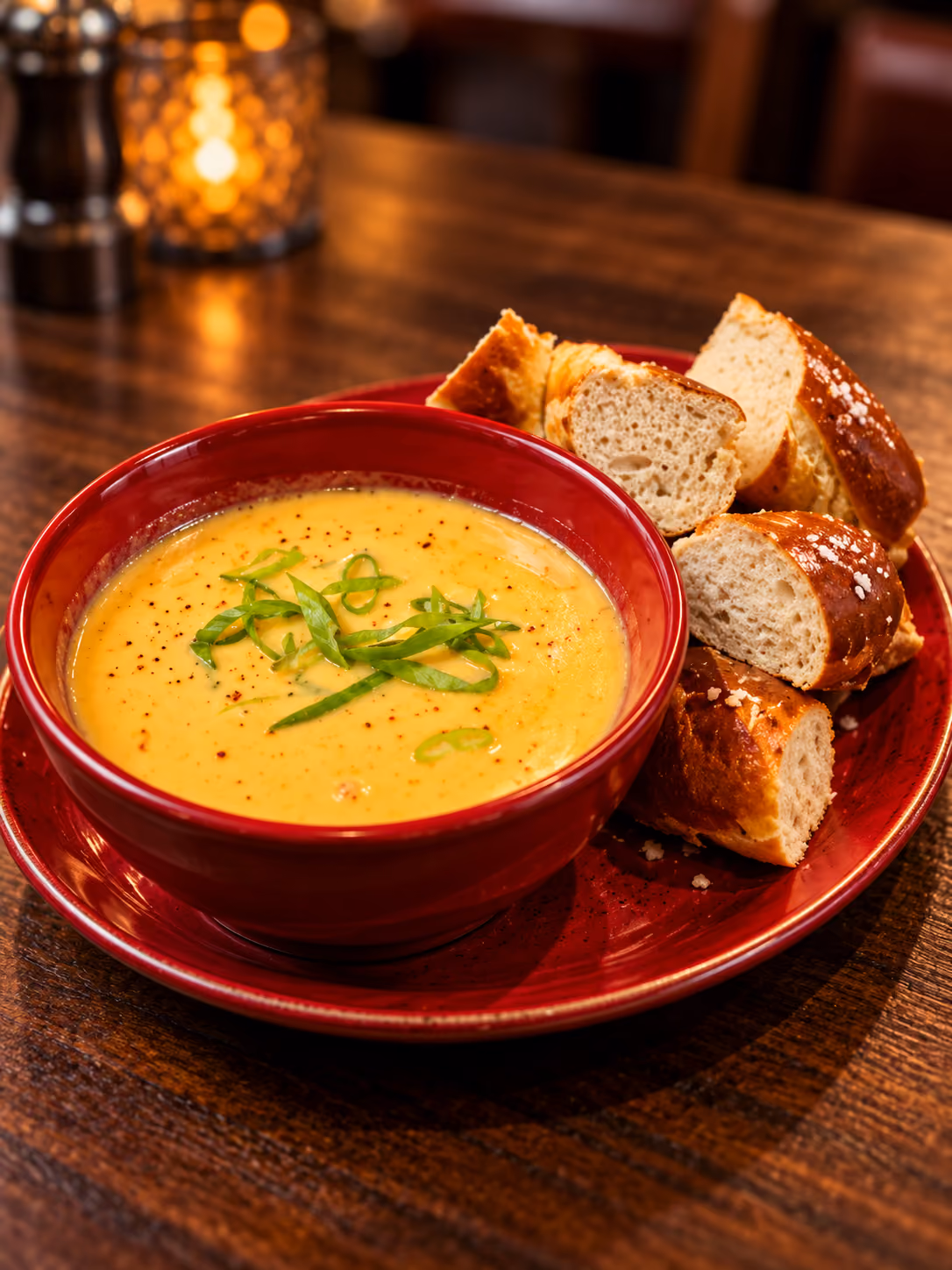 Red bowl filled with yellow soup garnished with sliced green onions, served on a matching red plate with pieces of bread on a wooden table.