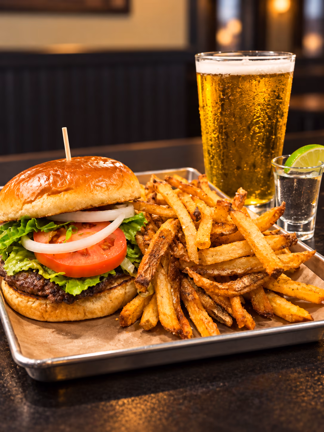 Juicy hamburger with lettuce, tomato, and onion on a toasted bun, served with a generous portion of crispy French fries, a glass of beer, and a shot glass with a lime wedge on a metal tray.