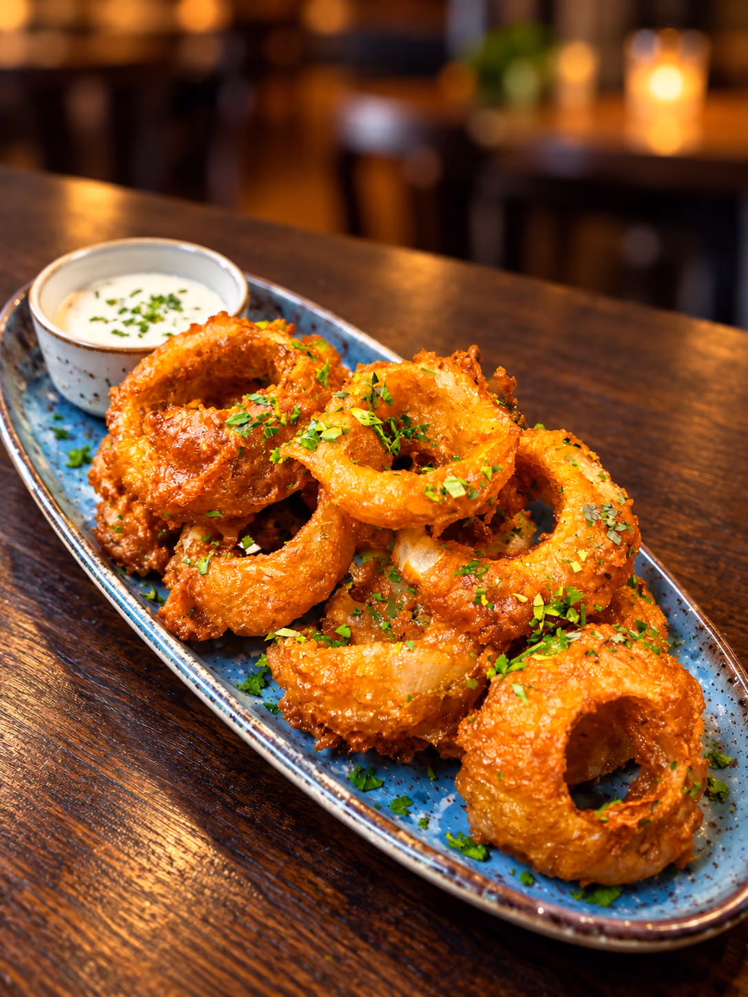 Plate of golden brown crispy fried onion rings garnished with chopped parsley served with a side of creamy dipping sauce with herbs on a dark wooden table.