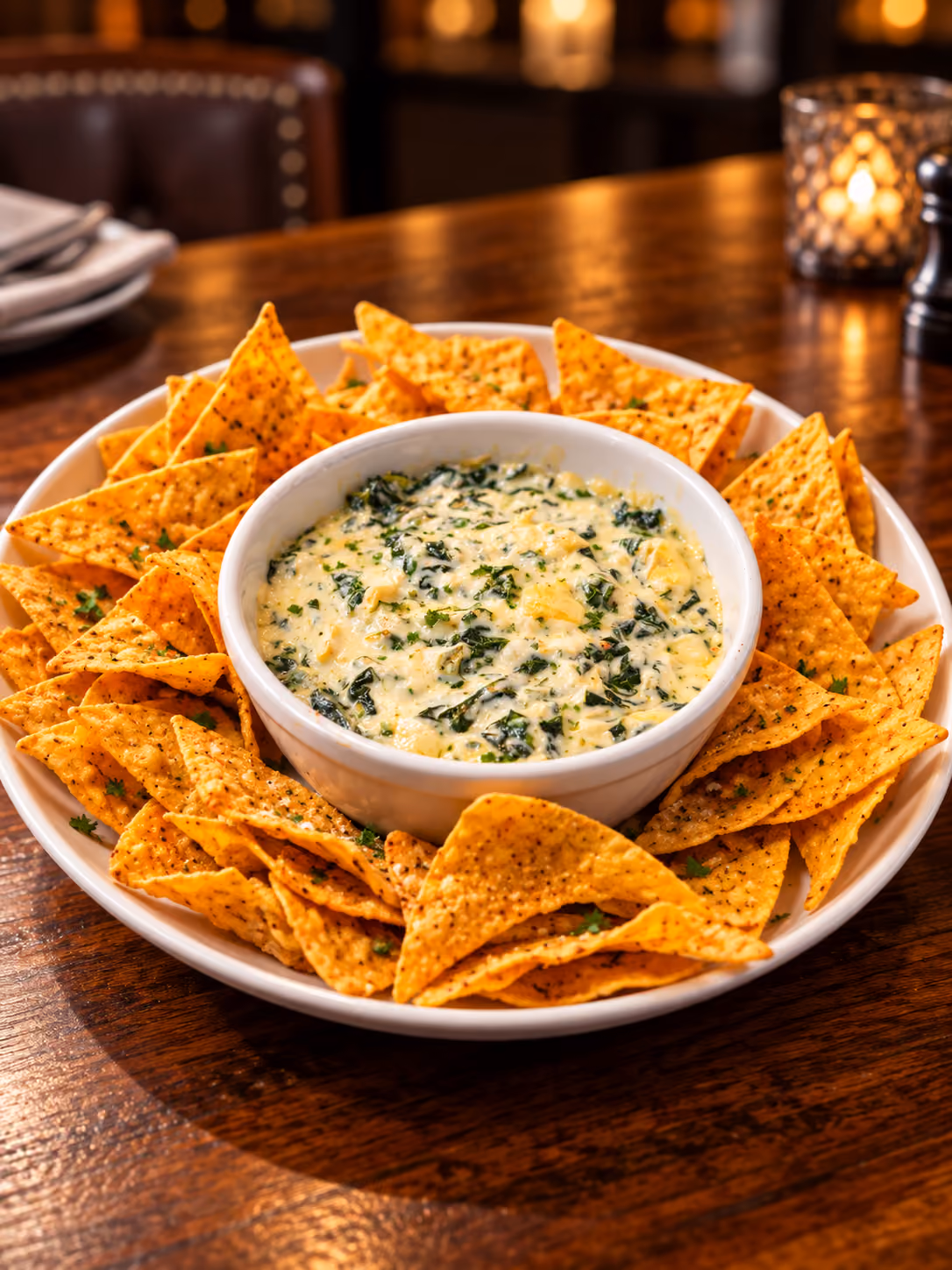 Plate with a white bowl of creamy spinach artichoke dip surrounded by seasoned triangular tortilla chips on a wooden table with warm ambient lighting.