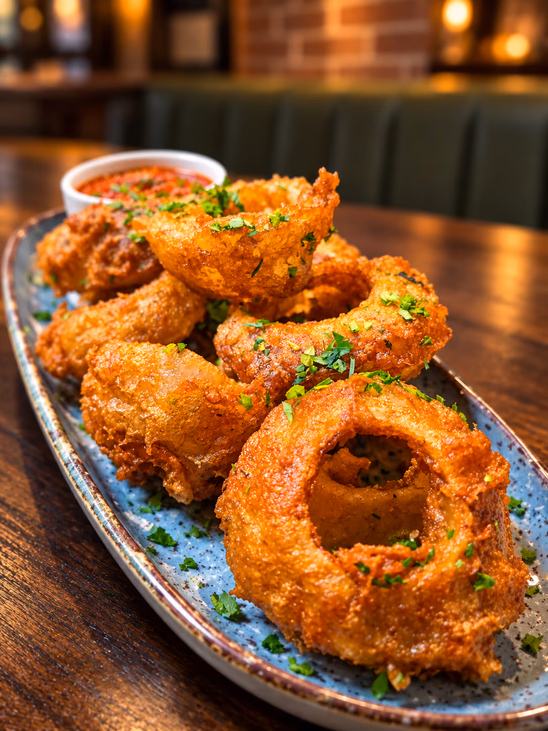 Plate of crispy golden fried onion rings garnished with chopped herbs, served with a side of red dipping sauce on a wooden table in a restaurant setting.
