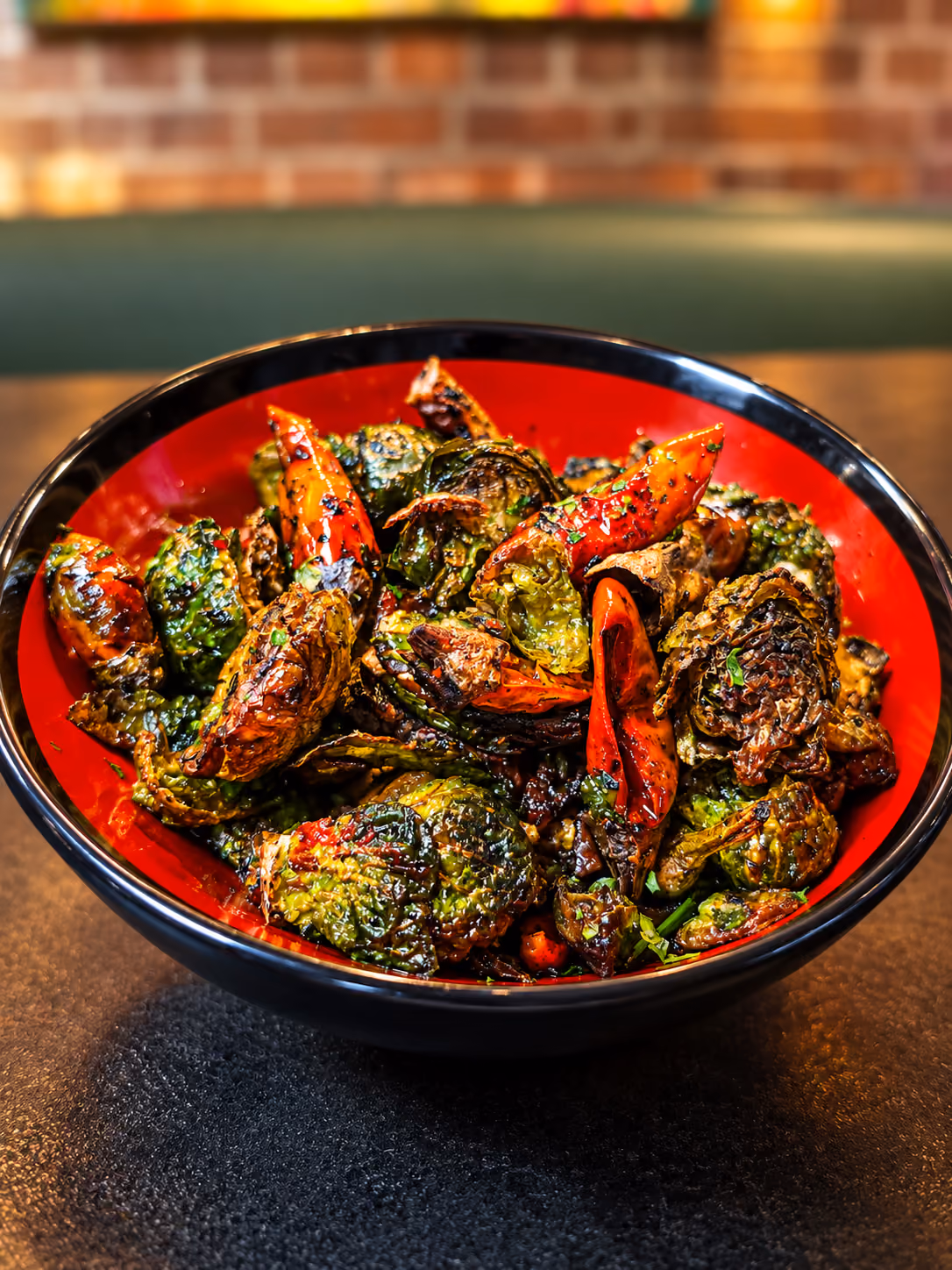 Bowl of roasted Brussels sprouts and red bell pepper slices seasoned with herbs and spices on a dark surface with a blurred brick wall background.
