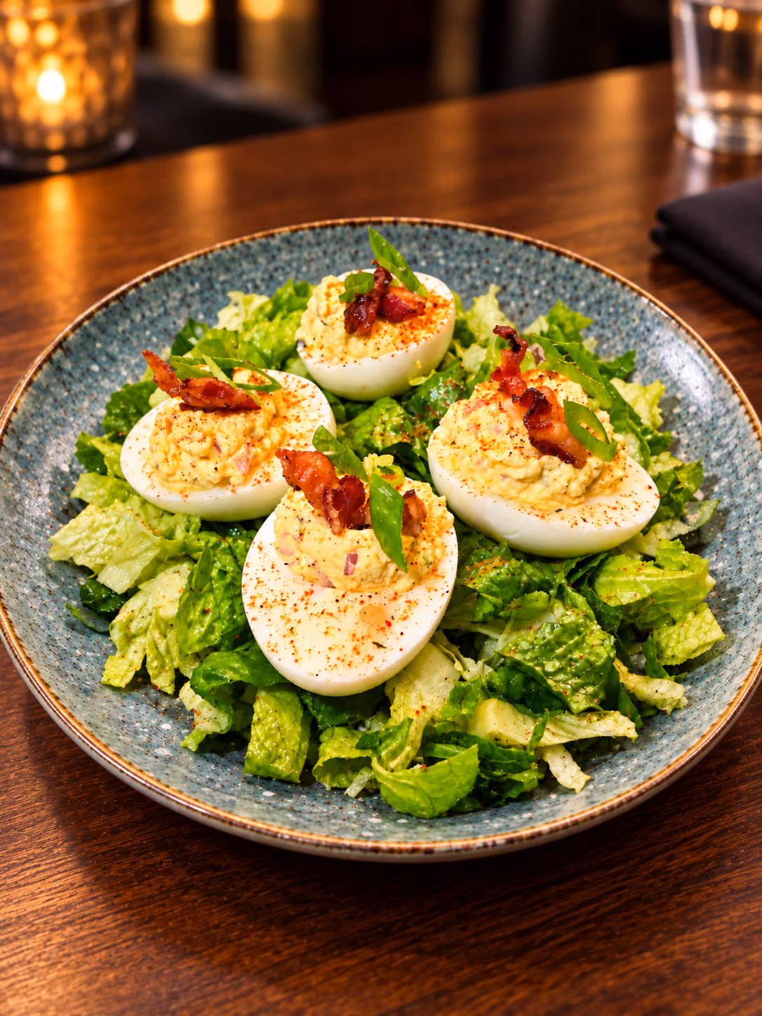 Plate of four deviled eggs topped with crispy bacon bits and green herbs, served on a bed of fresh chopped romaine lettuce.