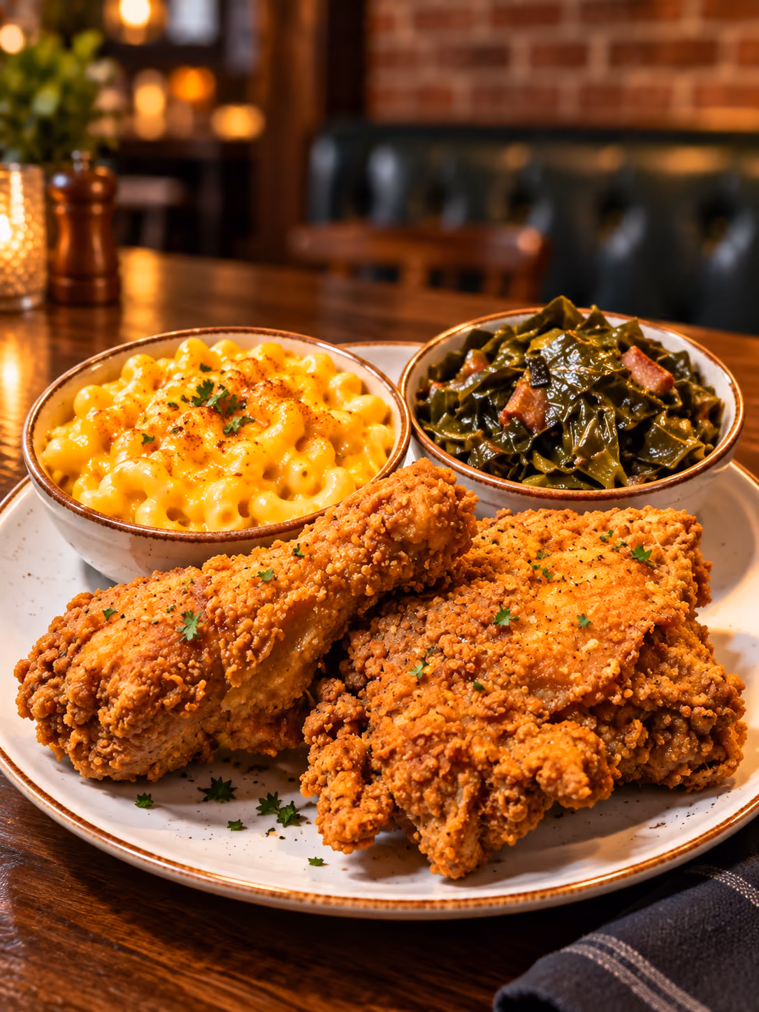 Plate with crispy fried chicken pieces, a bowl of creamy macaroni and cheese garnished with herbs, and a bowl of cooked collard greens with bits of bacon, set on a wooden table in a cozy restaurant setting.