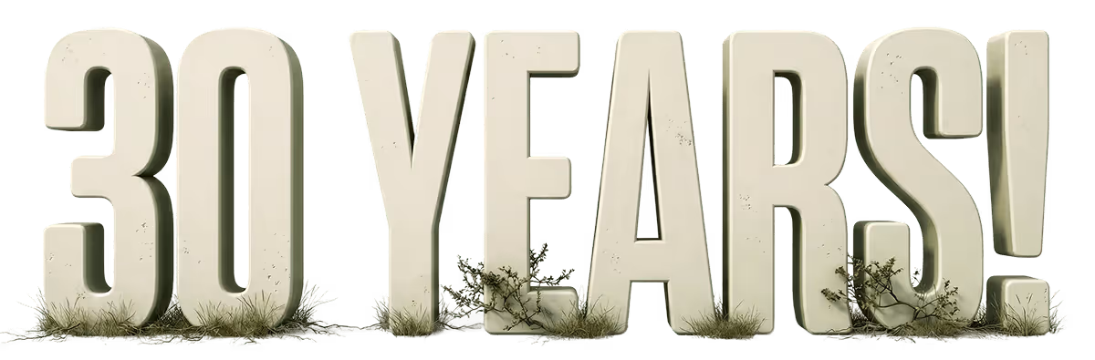 Large 3D beige text reading '30 YEARS!' with grass and small plants at the base of the letters.