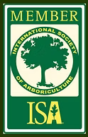 ISA member badge with a green tree emblem and text International Society of Arboriculture on a green and yellow background.