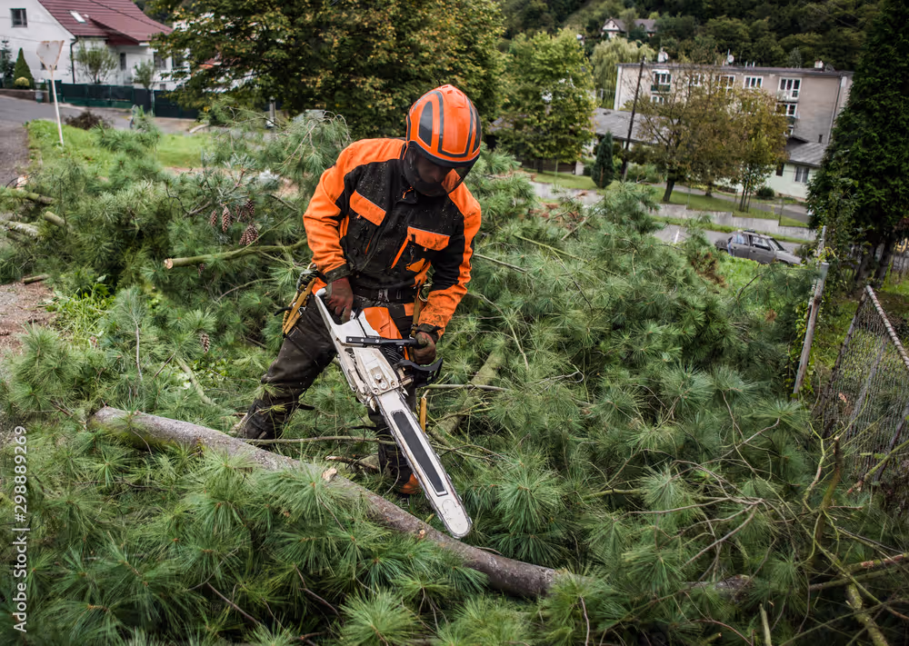 Worker in orange and black protective gear using a chainsaw to cut a fallen pine tree outdoors near residential houses.