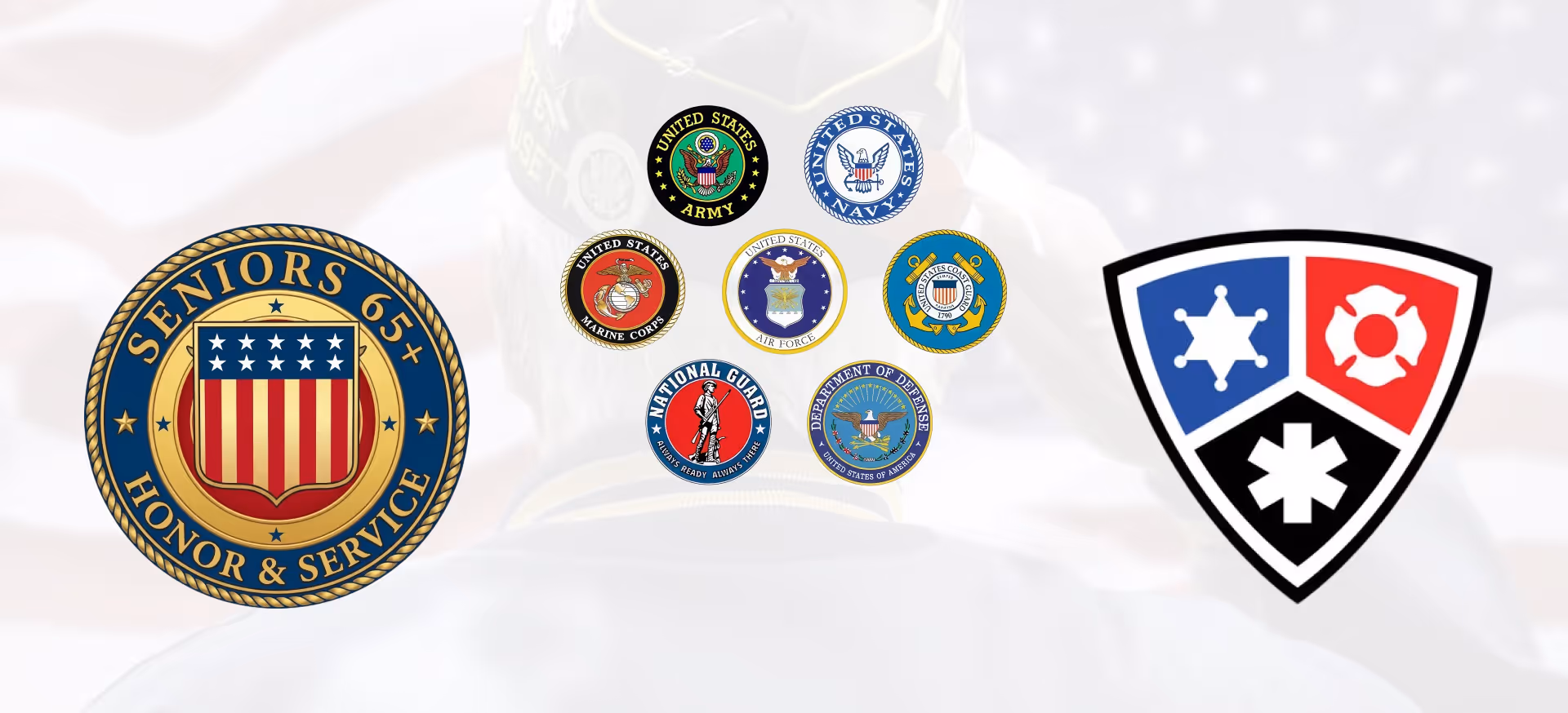 Collection of seals representing U.S. military branches and senior citizen honor service, including Army, Navy, Marine Corps, Air Force, Coast Guard, National Guard, Department of Defense, and symbols for emergency services.