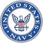 Seal of the United States Navy featuring a white eagle with outspread wings holding an anchor, encircled by a blue band with the text 'United States Navy'.