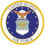 Seal of the United States Air Force featuring an eagle, shield with thunderbolt, and stars on a blue background.