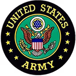 Emblem of the United States Army featuring a bald eagle with an olive branch and arrows, shield on chest, surrounded by a black circle with gold text 'United States Army' and stars.