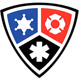 Shield emblem divided into three segments featuring a white sheriff star on blue, a white cogwheel on red, and a white asterisk on black.