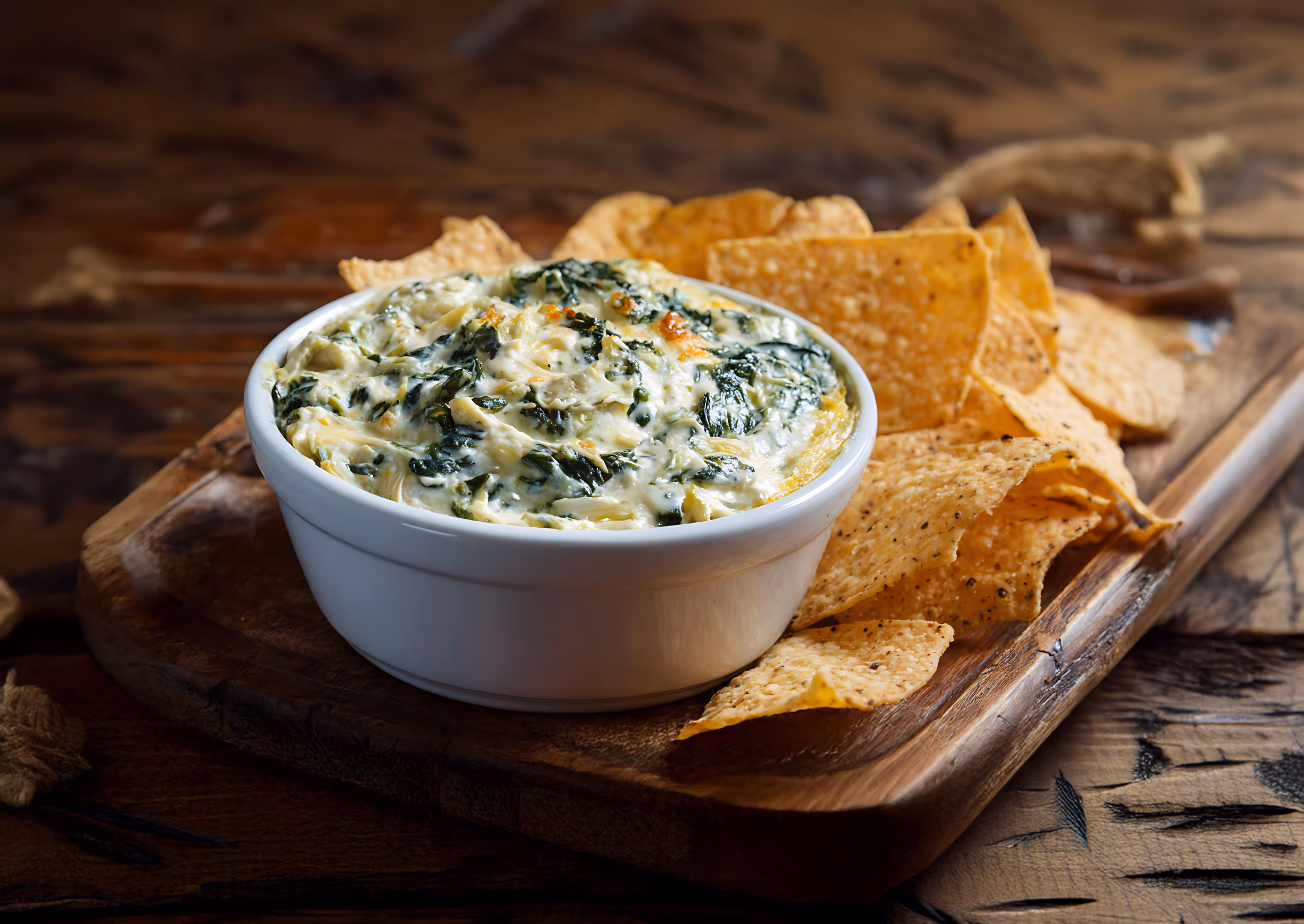 A creamy artichoke dip in a white bowl is surrounded by golden tortilla chips on a wooden board.
