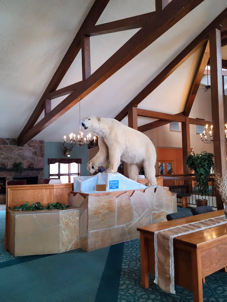 a taxidermy polar bear standing on an icy platform inside a rustic lodge with wooden beams and chandeliers, creating a cozy, cabin-like atmosphere.