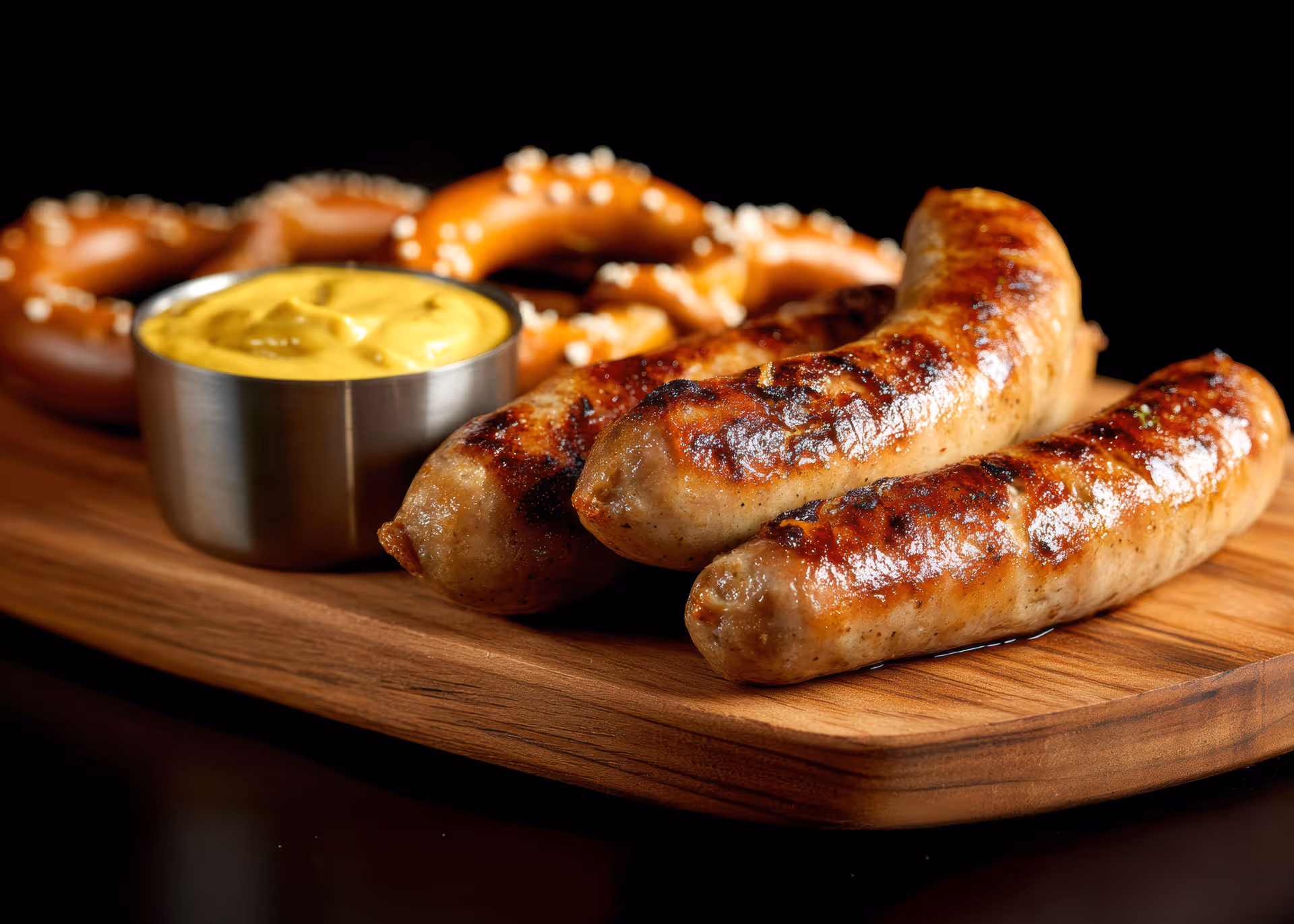 Appetizing bratwurst on rustic wooden cutting board with soft pretzels and mustard against a dark backdrop.