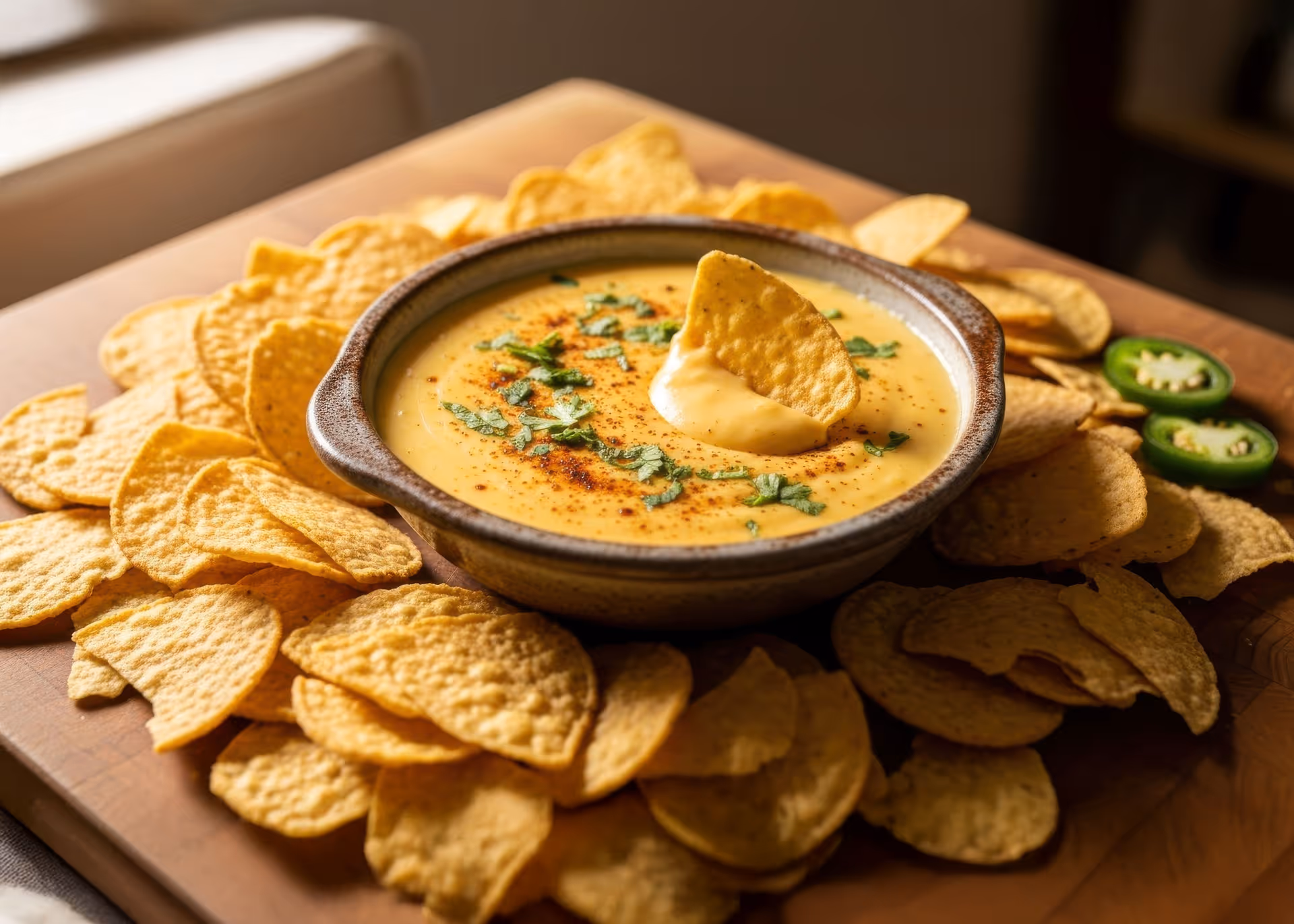 A bowl of creamy cheese dip garnished with herbs and spices sits on a wooden board surrounded by tortilla chips. Sliced jalapeños add a hint of spiciness.