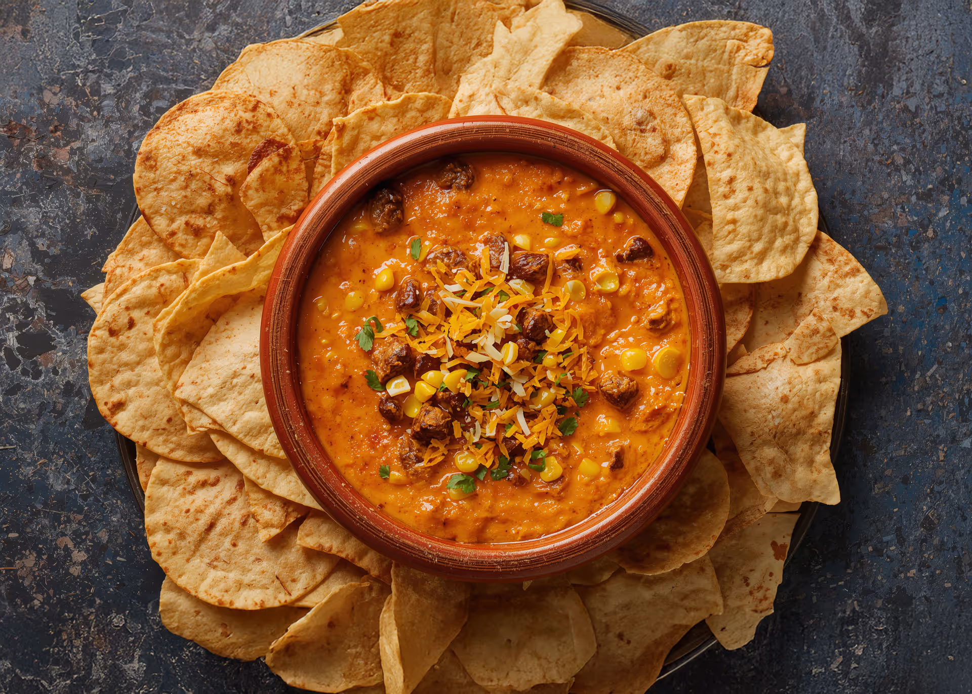 A bowl of cheesy dip with ground beef, corn, and green onions is centered among crisp tortilla chips on a dark rustic background.