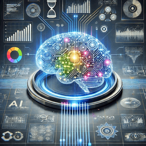 Glowing digital brain with circuit patterns surrounded by colorful analytical icons, charts, and data visualizations on a dark background