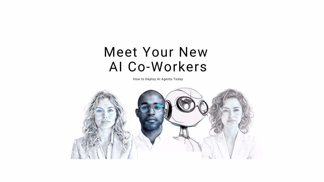Illustration showing three stylized human portraits alongside a friendly robot character with the heading "Meet Your New AI Co-Workers: How to Deploy AI Agents Today"