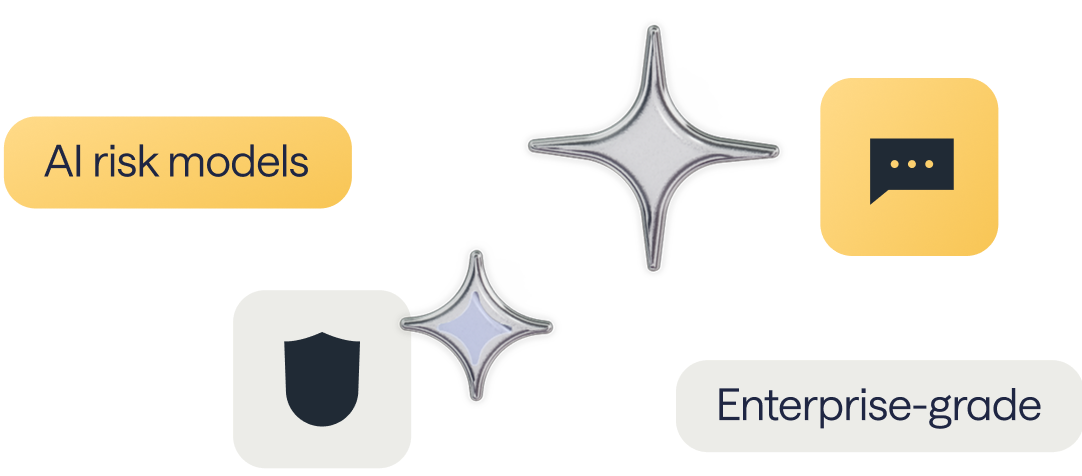 The AI icon, a shield and message icon and descriptive tags