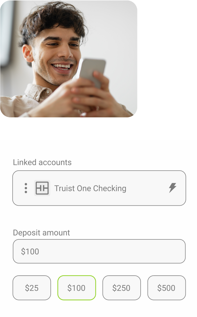A person smiling while paying by bank with their phone. An interface showing the bank linking.