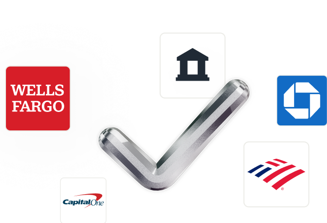 Popular bank logos and a 3D checmark