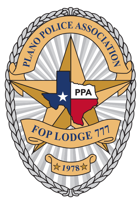Badge shaped emblem featuring a gold star, a centered Texas state map with red, white, and blue colors, and banners reading Plano Police Association, FOP Lodge 777, and 1978.