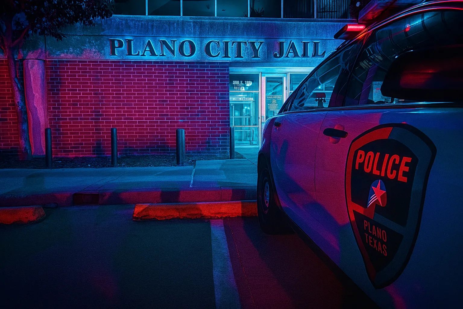 Police car parked outside Plano City Jail building at night with red and blue lights illuminating the scene.