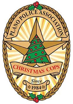 Emblem of Plano Police Association Christmas Cops with a Christmas tree and star, established in 1984.