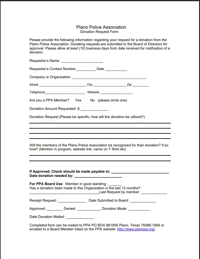 Donation request form for Plano Police Association requesting donor information, donation amount, and recognition details with mailing instructions and website link.