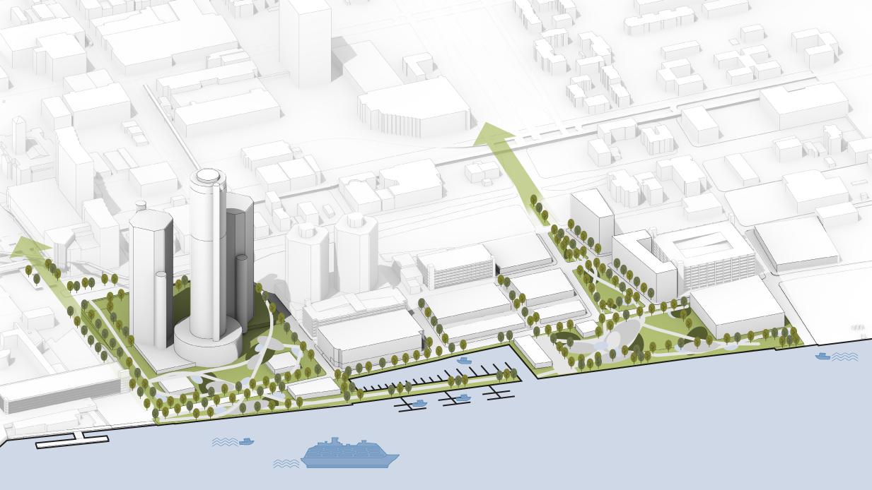 A rendering concept of the reimagined Detroit east riverfront development with no colored buildings.