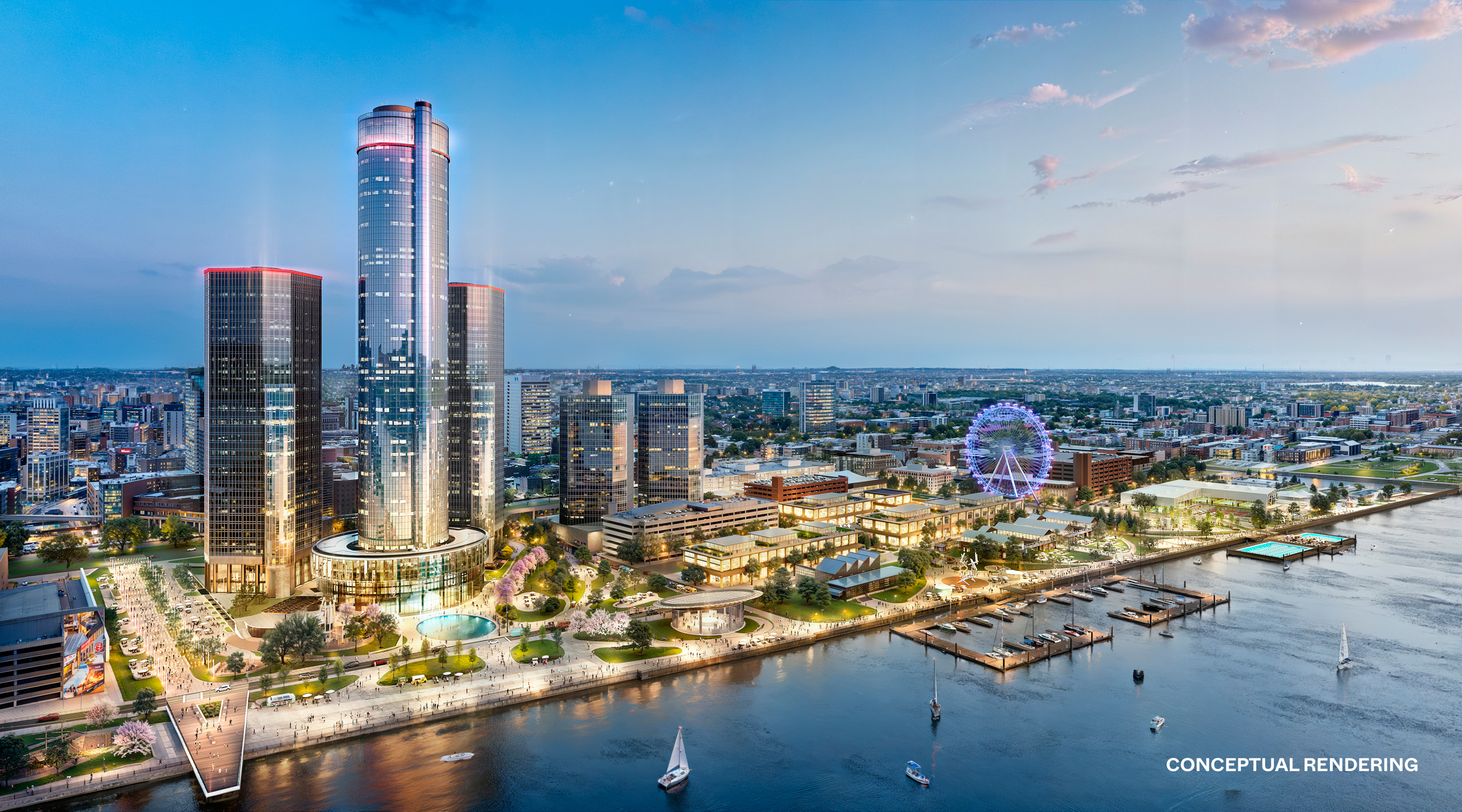 A rendering of the imagined Detroit east riverfront featuring a rebuilt Renaissance Center, a ferris wheel, and other attractions.