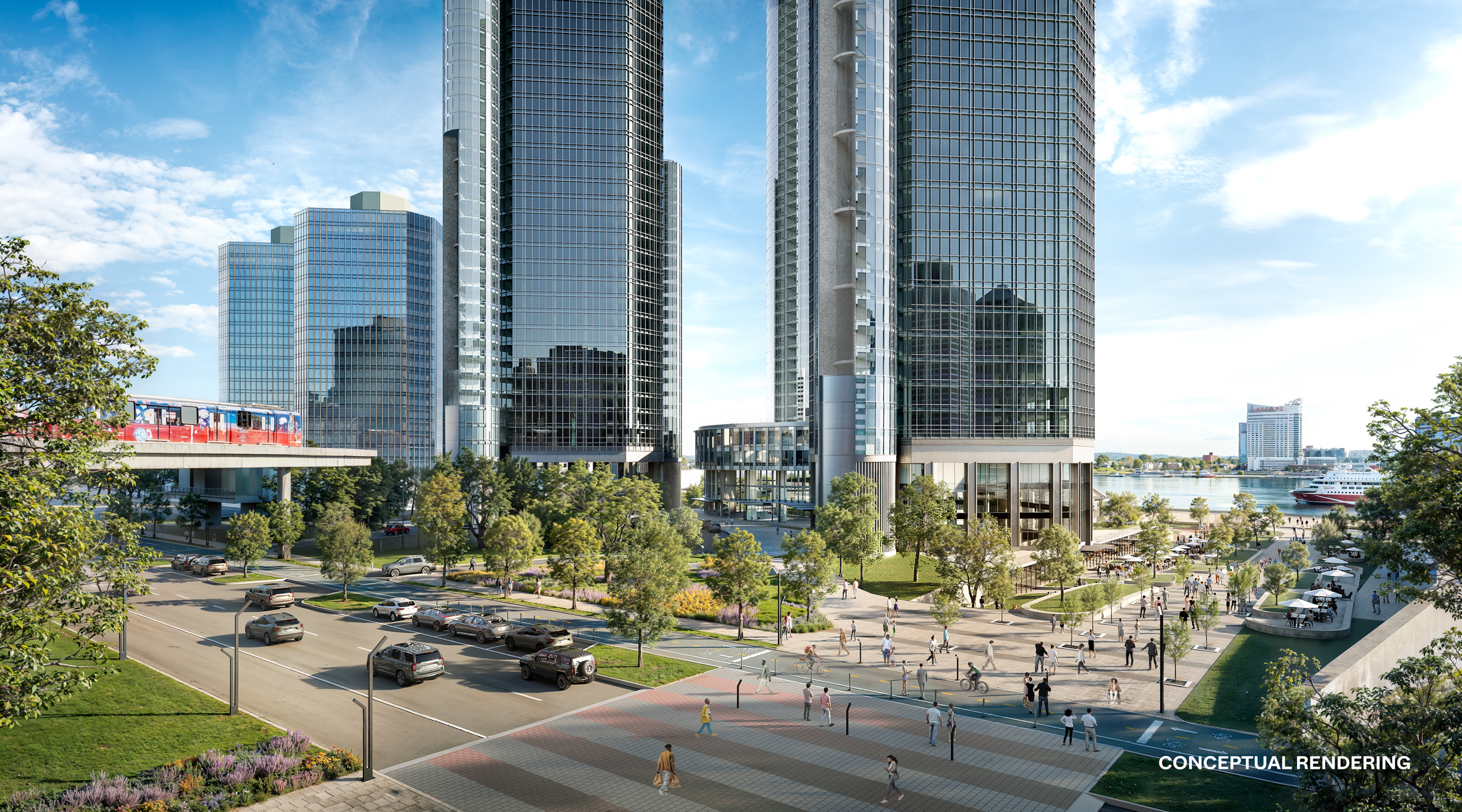 A rendering of the imagined Detroit east riverfront featuring redeveloped public walkways and roads in the foreground.