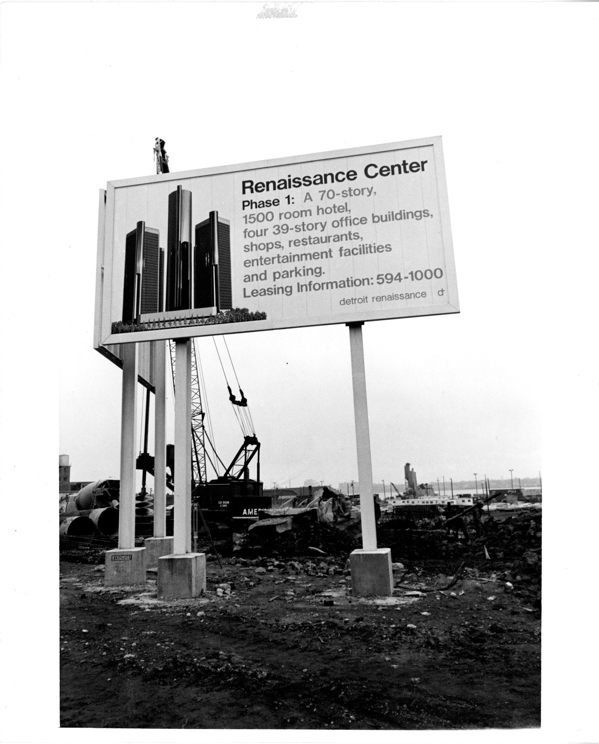 Historical photo from 1971 of a sign announcing the Renaissance Center in downtown Detroit.