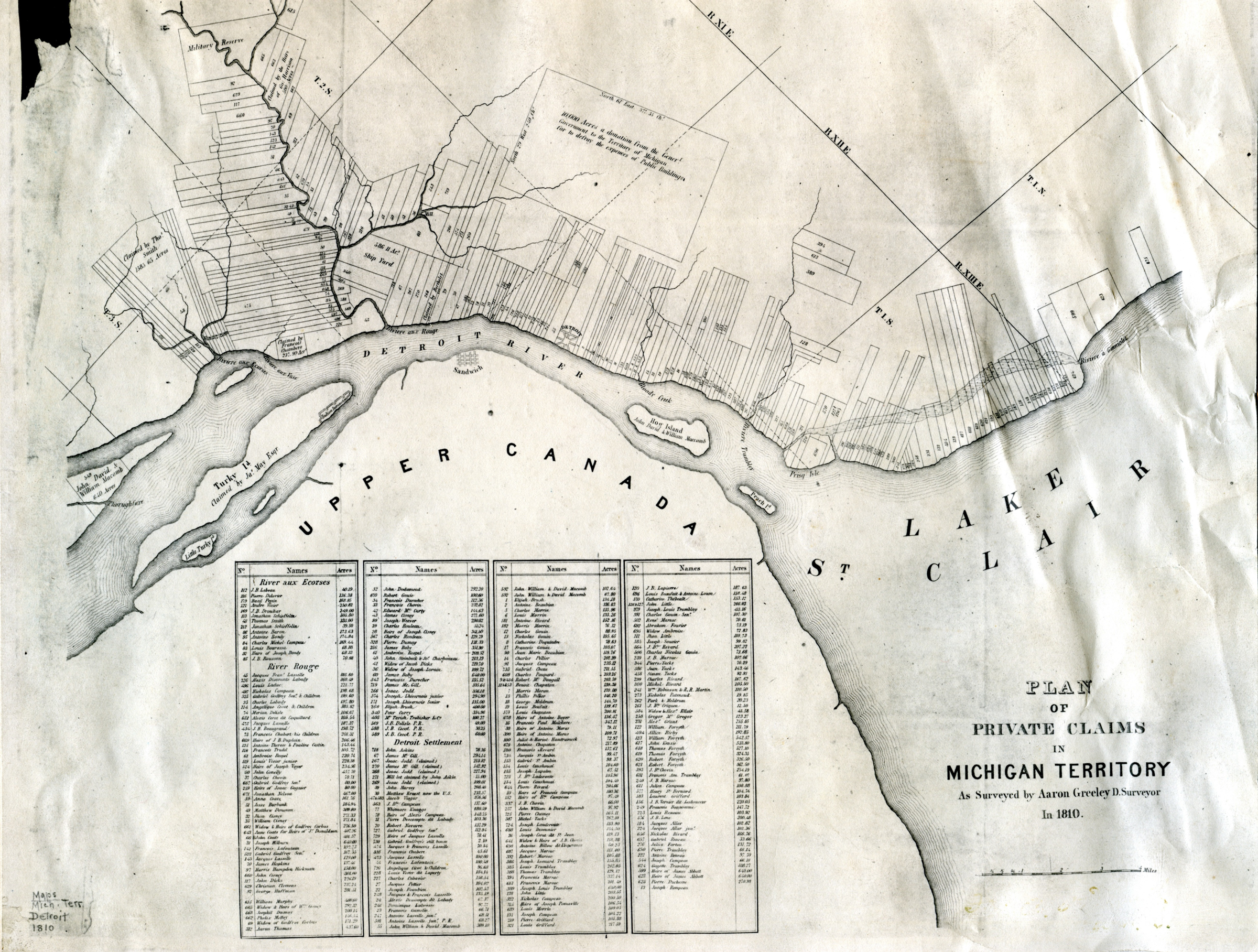 Historical map of "ribbon farms" along the Detroit River from the early 1700's to the 1800's.