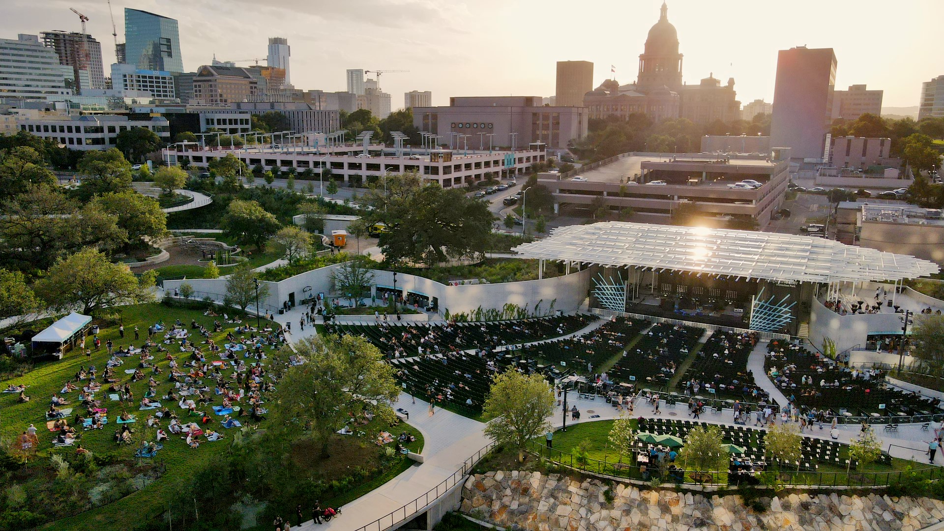 Aerial of the Waterloo Greenway in Austin, Texas.