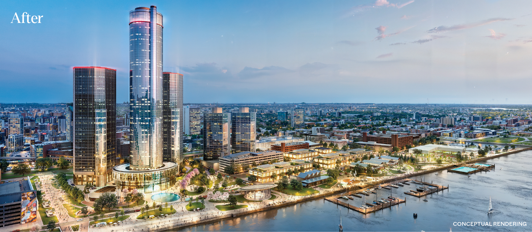 A rendering of the imagined Detroit east riverfront featuring a rebuilt Renaissance Center and other attractions, with the text "After" in the top corner and "Conceptual Rendering" in the bottom corner.