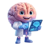 Cartoon brain character with big eyes holding a glowing blue tablet screen