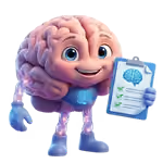 Cartoon brain character smiling and holding a clipboard with brain illustration and notes.