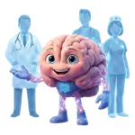 Animated brain character with a happy face and thumbs up, two doctors blurred in the background.