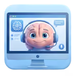 Computer monitor displaying a friendly animated brain character wearing a headset chat bubble.