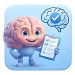 "Link" a Smiling cartoon brain holding a checklist with a thought bubble showing a checked item.