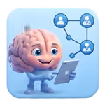 "Link" the Cartoon brain character holding a tablet with a network of connected user icons above it.