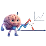 Link our Cartoon brain character pointing to a line graph with blue, red, and black trend lines.