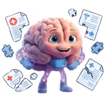 Smiling animated brain character "Link" surrounded by fragmented medical records floating around it.