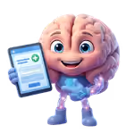 Link the loveable cartoon brain character smiling and holding a tablet displaying a medical document.